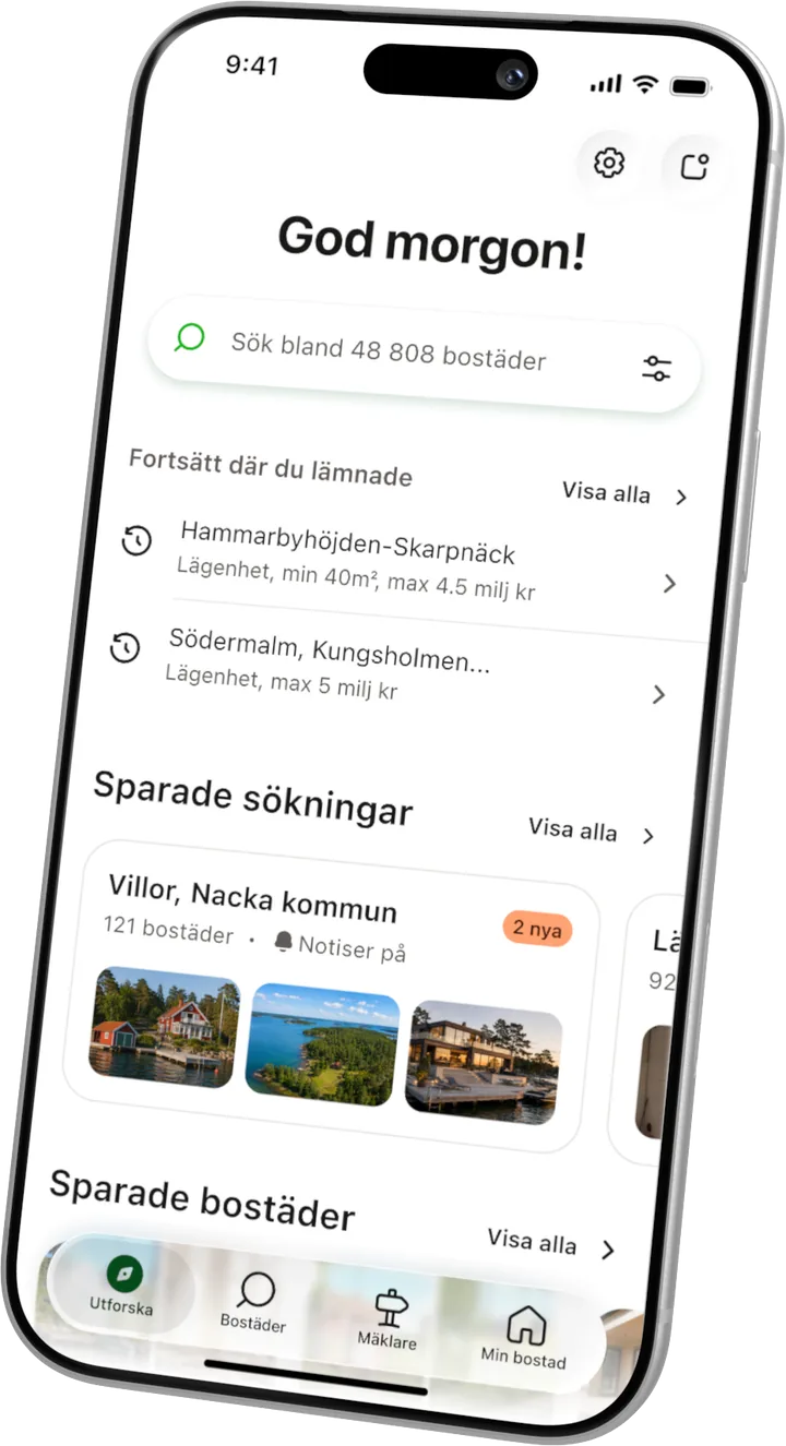 Startsidan i Hemnet-appen med sökruta, sparade sökningar och sparade bostäder.