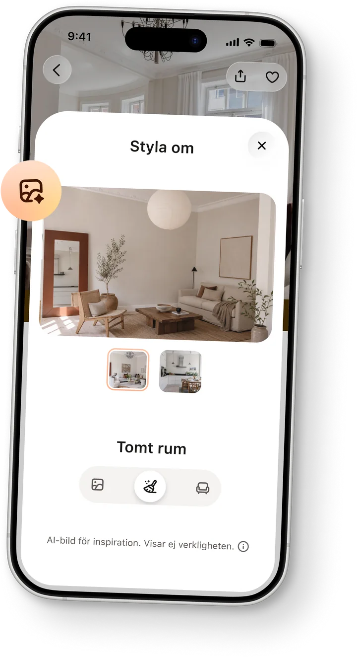 Verktyget Styla om i Hemnet-appen som visar ett vardagsrum inrett med AI.
